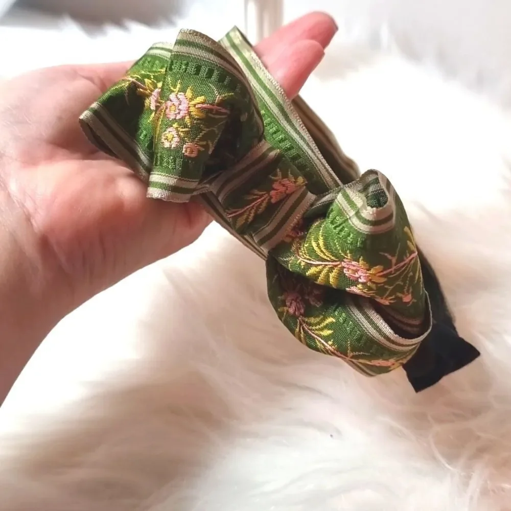 Free People Army Green Floral Side Bow Headband Cottagecore Feminine Nwot